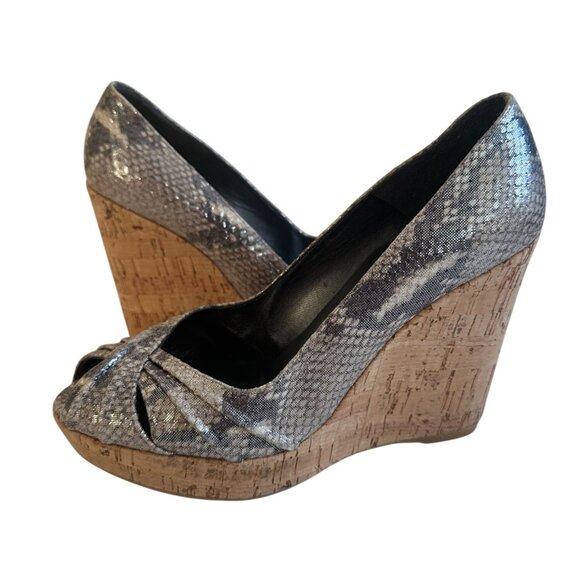 STUART WEITZMAN Snake Print Leather Cork Wedges Size 9 - Picture 3 of 8